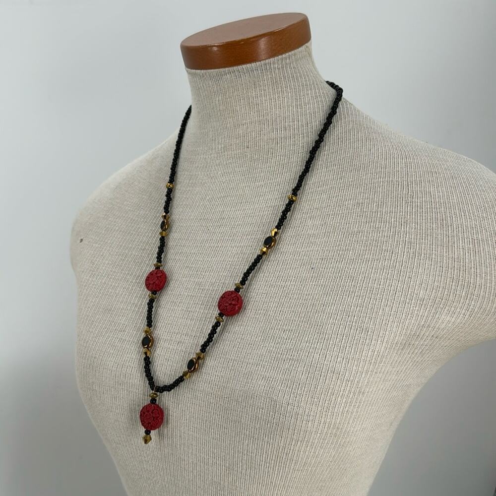 Handmade Carved Cinnabar black and gold beaded necklace